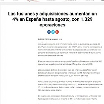 Las fusiones y adquisiciones aumentan un 4% en Espaa hasta agosto, con 1.329 operaciones